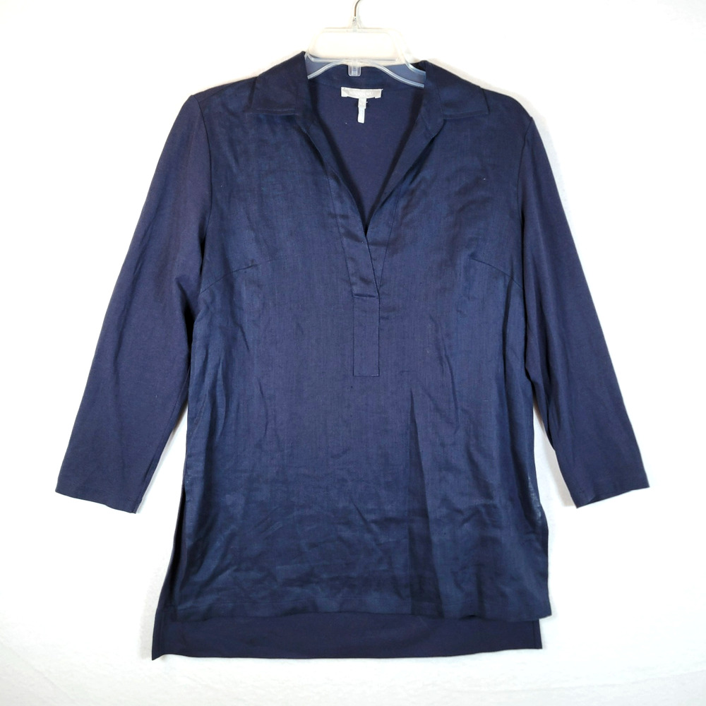 Hinson Wu Womens Linen Blouse Size XS Blue 3/4 Sleeve Beach Nautical Boat Resort